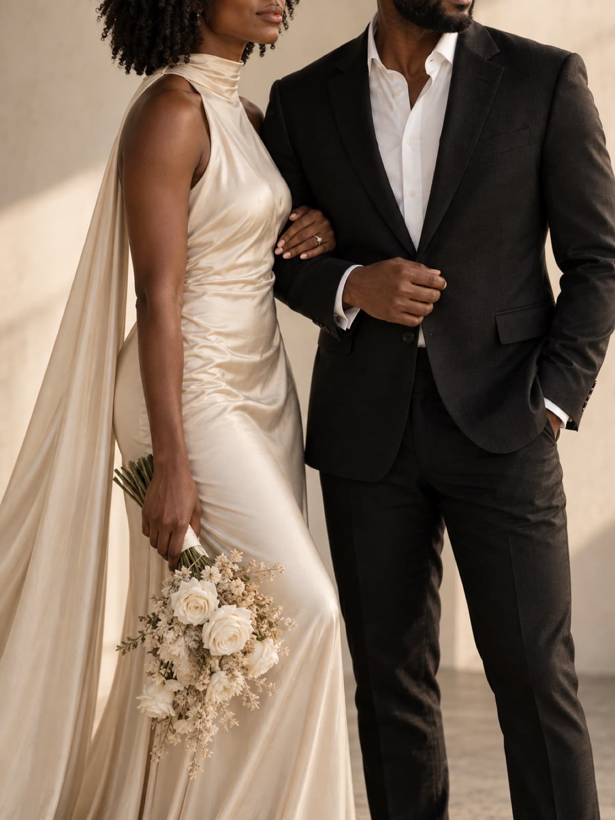 Formal evening attire — a champagne gown and a charcoal suit