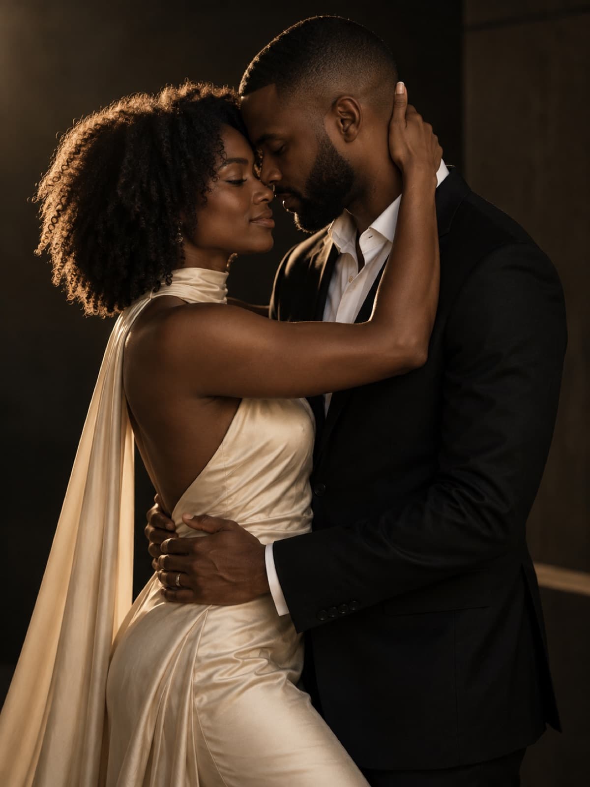 The couple in a close embrace in warm light