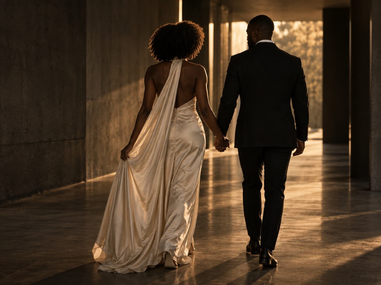 The couple walking hand in hand