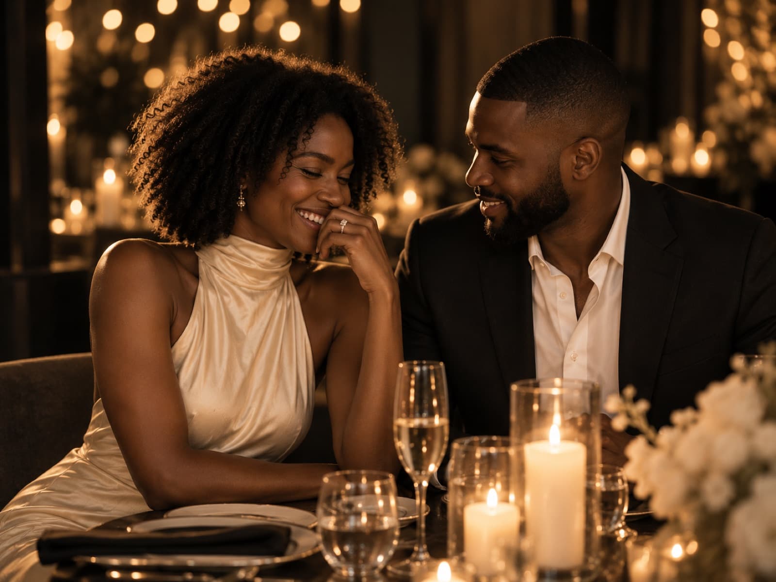 The couple sharing a quiet laugh by candlelight