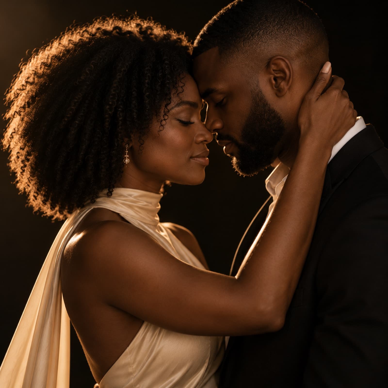 The couple, foreheads touching, in dramatic light