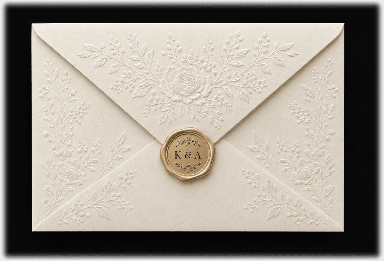The Kijori & Amoy wedding envelope with a gold K & A wax seal