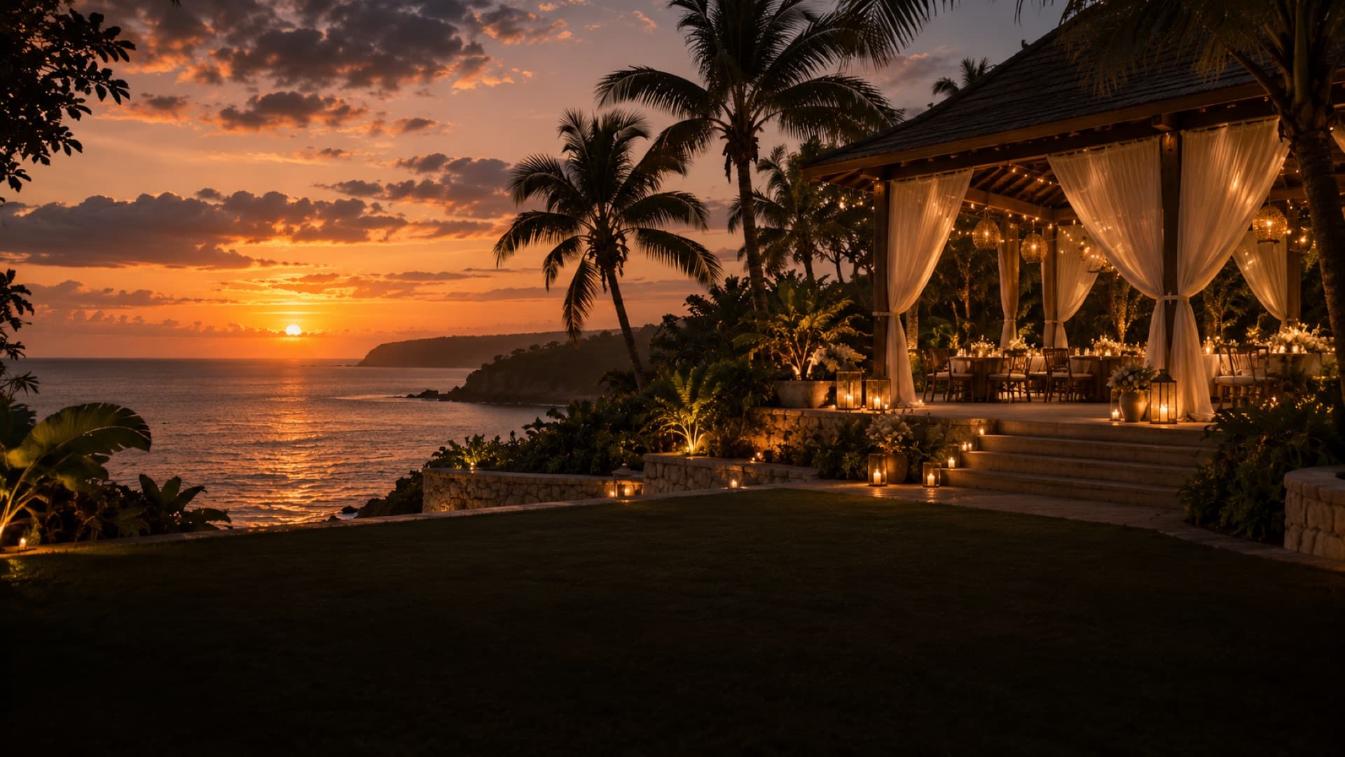 A tropical waterfront wedding venue at golden hour